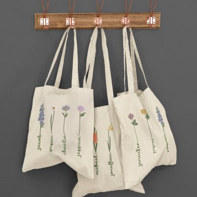 Mothers Day Garden Flower Tote Bag, Personalized Mama Grandma Birth Flower Tote Bag, Mom Birthday Gift, Women Shopping Bag, New Grandma Gift