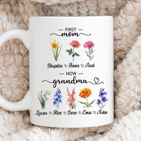 Personalized First Mom Now Grandma Gift, Flower Birth Month Garden Mug, Custom Mom Grandma Garden Mug, Gift For Mom, Gift For Mothers Day