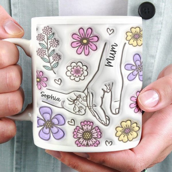 Personalised Hold our Hands Mug, 3D Inflated Effect Hold My Hand, Hold My Heart, Mothers Day Gift Mug, Christmas Gift For Mum, Grandma, Mom