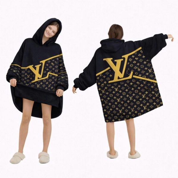 Black And Yellow Logo Louis Vuitton Blanket Hoodie , Cozy Wearable Blanket Hoodie