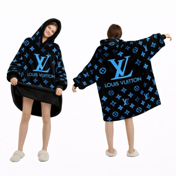 Black And Blue Louis Vuitton Blanket Hoodie , Cozy Wearable Blanket Hoodie