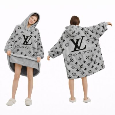 Black And Gray Louis Vuitton Blanket Hoodie , Cozy Wearable Blanket Hoodie
