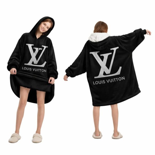 Black And Gray Logo Louis Vuitton Blanket Hoodie , Cozy Wearable Blanket Hoodie