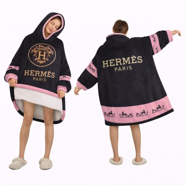 Blue And Pink Hèrmes Blanket Hoodie , Oversized Fleece Wearable Hoodie For Adults & Kids