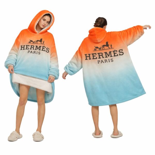 Blue Sea And Orange Hèrmes Blanket Hoodie , Oversized Fleece Wearable Hoodie For Adults & Kids