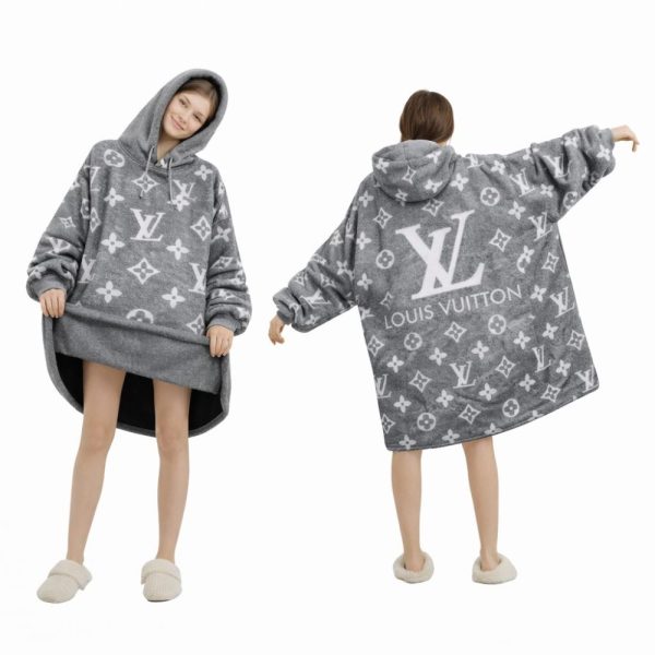 Gray And White  Louis Vuitton Blanket Hoodie , Cozy Wearable Blanket Hoodie