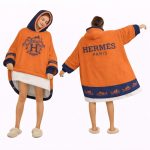 Luxury Orange And Blue Logo Hèrmes Blanket Hoodie , Oversized Fleece Wearable Hoodie For Adults & Kids
