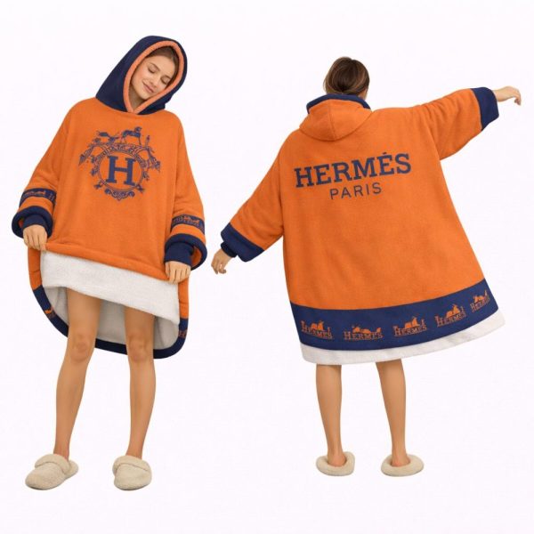 Luxury Orange And Blue Logo Hèrmes Blanket Hoodie , Oversized Fleece Wearable Hoodie For Adults & Kids