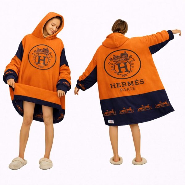 Luxury Orange And Blue Hèrmes Blanket Hoodie , Oversized Fleece Wearable Hoodie For Adults & Kids