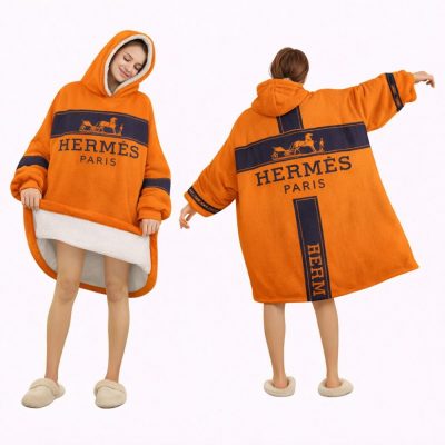 Orange And Blue Hèrmes Blanket Hoodie , Oversized Fleece Wearable Hoodie For Adults & Kids