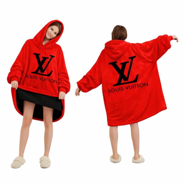 Red And Black Logo Louis Vuitton Blanket Hoodie , Cozy Wearable Blanket Hoodie