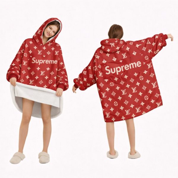 Red Supreme Louis Vuitton Blanket Hoodie , Cozy Wearable Blanket Hoodie