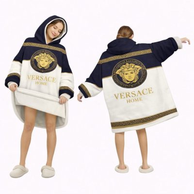 White And Blue Versace Blanket Hoodie , Cozy Wearable Blanket Hoodie