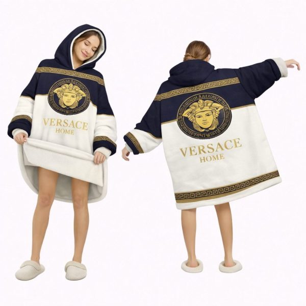 White And Blue Versace Blanket Hoodie , Cozy Wearable Blanket Hoodie