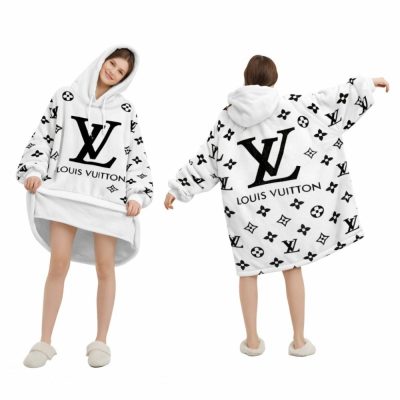 White And Black Logo Louis Vuitton Blanket Hoodie , Cozy Wearable Blanket Hoodie