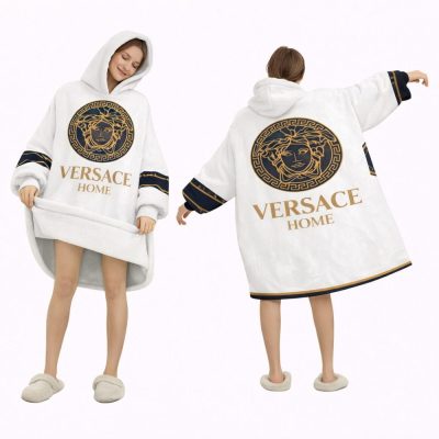 White And Blue Versace Blanket Hoodie , Cozy Wearable Blanket Hoodie