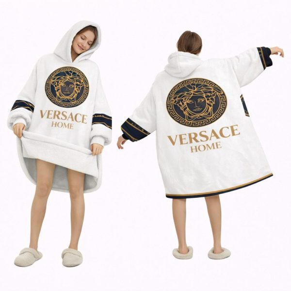 White And Blue Versace Blanket Hoodie , Cozy Wearable Blanket Hoodie