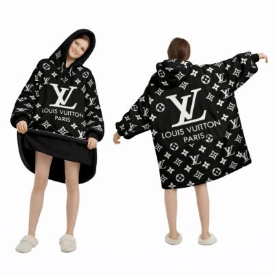 Black And White Louis Vuitton Blanket Hoodie , Cozy Wearable Blanket Hoodie