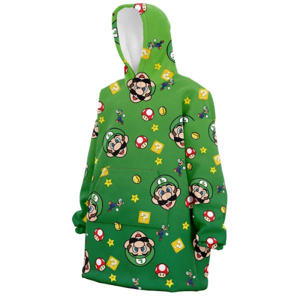 Luigi Mario Bros Pattern Nintendo Hooded Blanket Hoodie