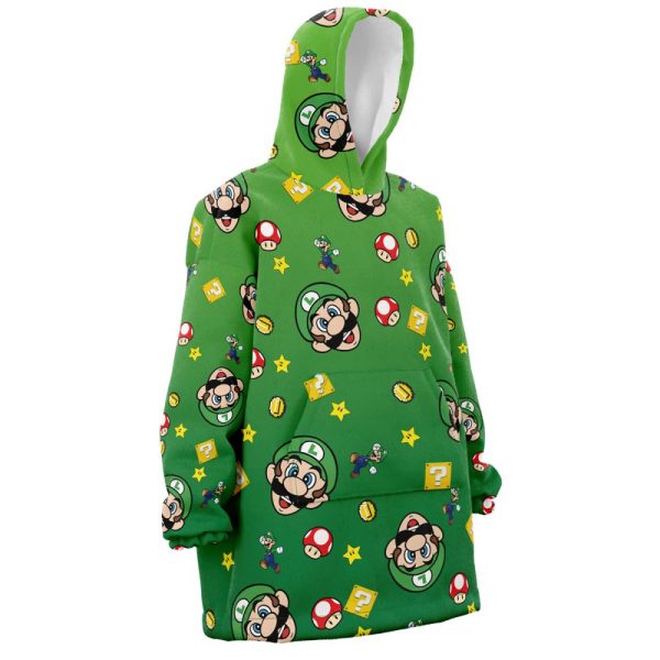 Luigi Mario Bros Pattern Nintendo Hooded Blanket Hoodie
