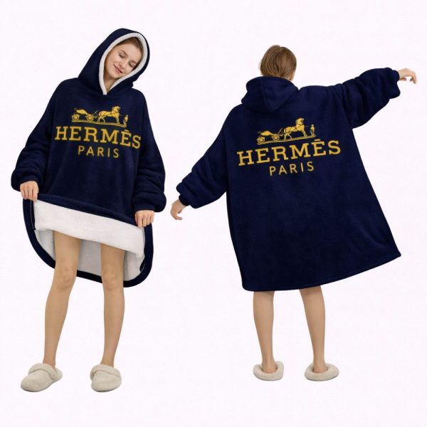 Dark Blue  Hèrmes Blanket Hoodie , Oversized Fleece Wearable Hoodie For Adults & Kids