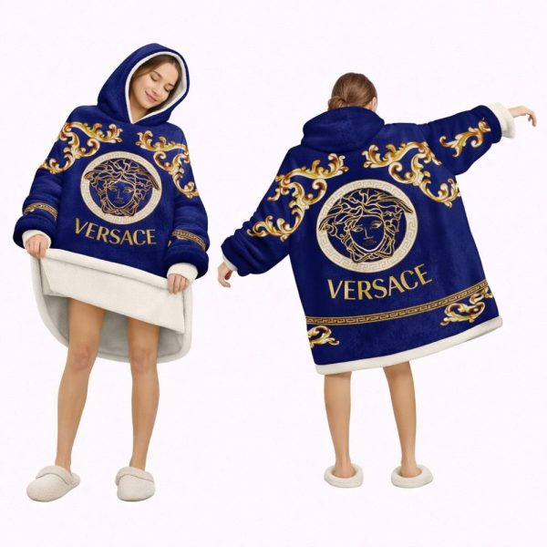 Luxury Blue Versace Blanket Hoodie , Cozy Wearable Blanket Hoodie