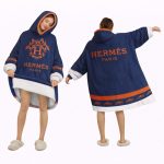 Luxury Dark Blue And Orange Hèrmes Blanket Hoodie , Oversized Fleece Wearable Hoodie For Adults & Kids