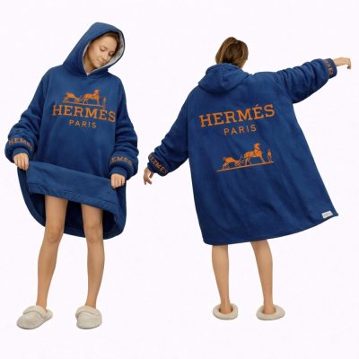 Luxury Dark Blue Hèrmes Blanket Hoodie , Oversized Fleece Wearable Hoodie For Adults & Kids