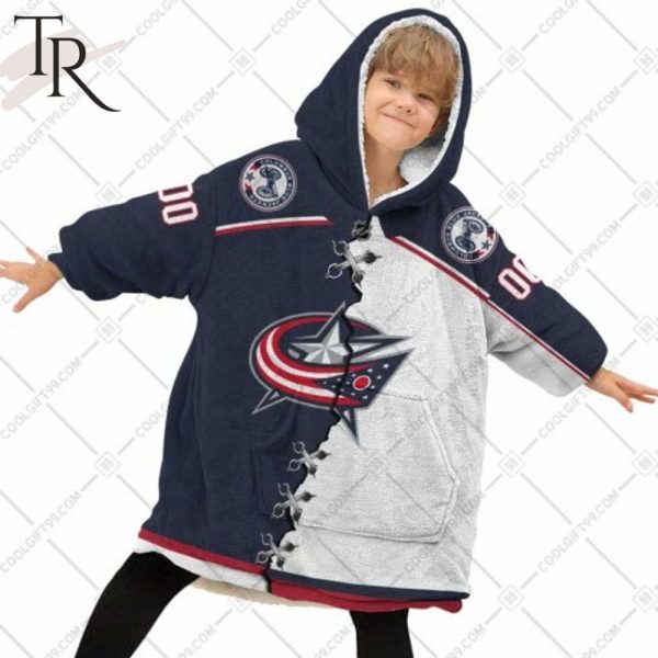 Personalized Nhl Columbus Blue Jackets Mix Jersey Blanket Hoodie