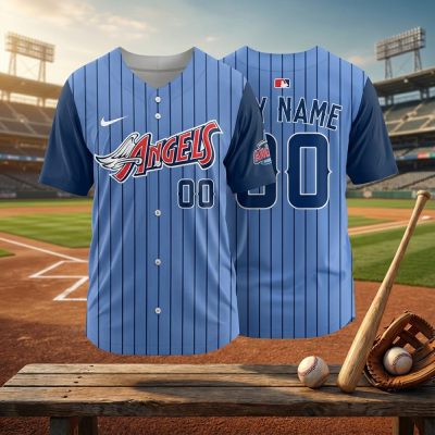 Vintage Angels Baseball Jersey - Custom Blue Pinstripe Design, Perfect Gift For Fans
