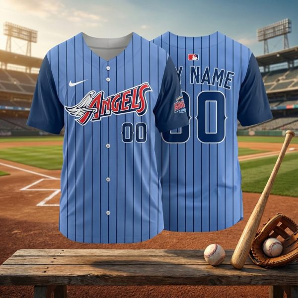Vintage Angels Baseball Jersey - Custom Blue Pinstripe Design, Perfect Gift For Fans