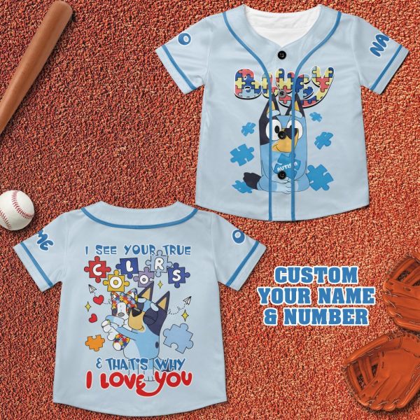 Custom Bluey Baseball Jersey - Personalize Name & Number, True Colors Design, Perfect Gift!
