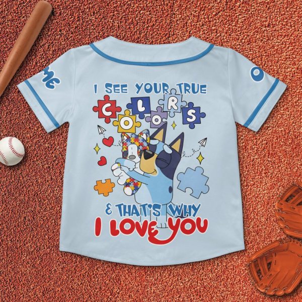 Custom Bluey Baseball Jersey - Personalize Name & Number, True Colors Design, Perfect Gift!