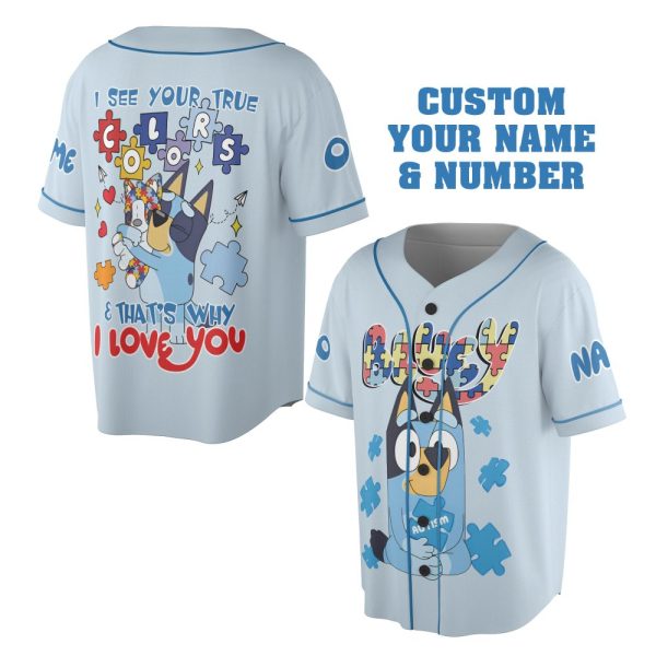 Custom Bluey Baseball Jersey - Personalize Name & Number, True Colors Design, Perfect Gift!