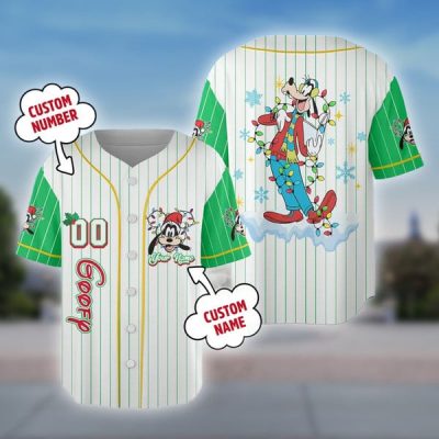 Custom Disney Holiday Baseball Jersey - Add Your Name & Number - Festive Goofy Design