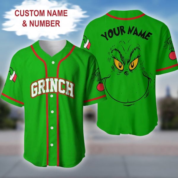 Custom Grinch Baseball Jersey - Personalized Name & Number - Festive Holiday Wear