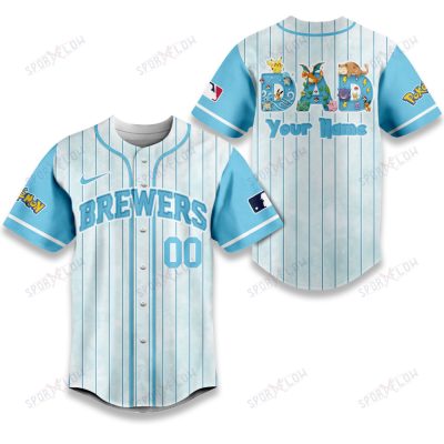 Milwaukee Brewers X Pokemon Dad Pastel Blue Baseball Jersey