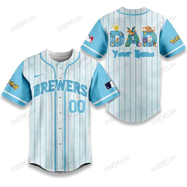 Milwaukee Brewers X Pokemon Dad Pastel Blue Baseball Jersey