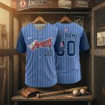 Vintage Angels Baseball Jersey - Custom Blue Pinstripe Design, Perfect Gift For Fans