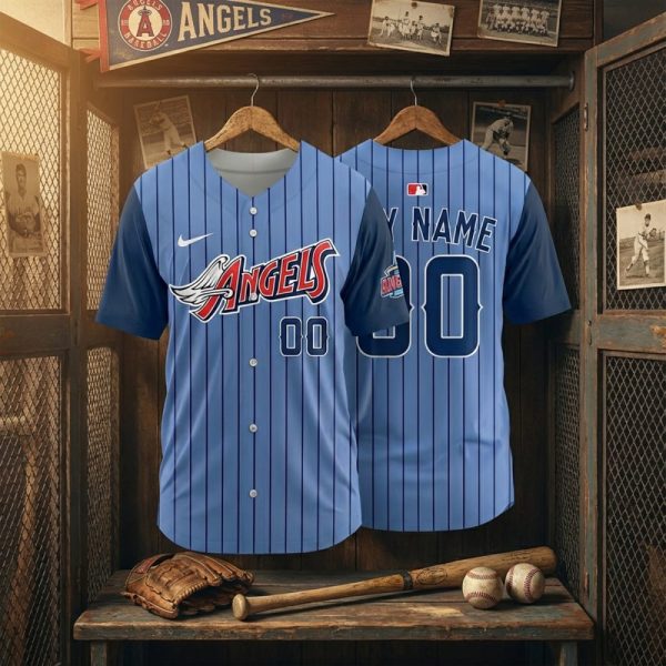 Vintage Angels Baseball Jersey - Custom Blue Pinstripe Design, Perfect Gift For Fans