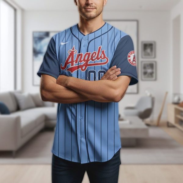 Vintage Angels Baseball Jersey - Custom Blue Pinstripe Design, Perfect Gift For Fans