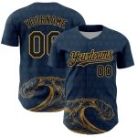 Custom Us Navy Blue Black-Old Gold 3D Pattern Design Wave Authentic Baseball Jersey