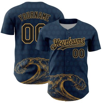 Custom Us Navy Blue Black-Old Gold 3D Pattern Design Wave Authentic Baseball Jersey