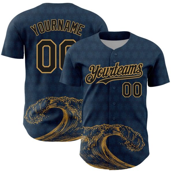 Custom Us Navy Blue Black-Old Gold 3D Pattern Design Wave Authentic Baseball Jersey