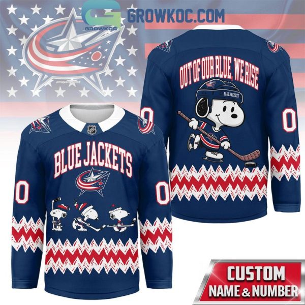 Columbus Blue Jackets Snoopy Peanuts Out Of Our Blue We Rise Hockey Jersey