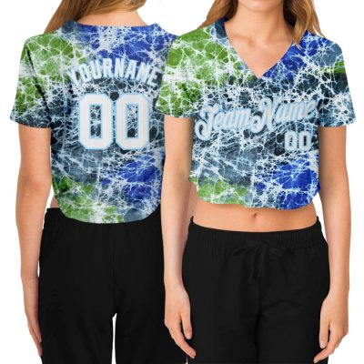 Custom Women'S Tie Dye White-Light Blue Abstract Art 3D V-Neck Cropped Baseball Jersey