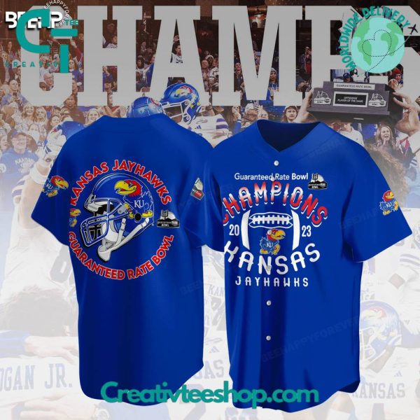 Kansas Jayhawks 2023 Guaranteed Rate Bowl Champions Blue Baseball Jersey