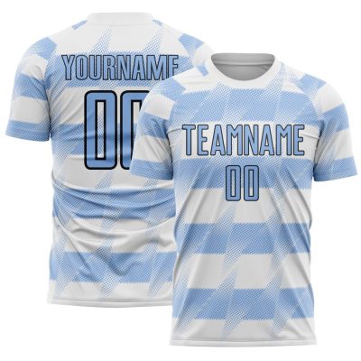 Custom White Light Blue-Black Argentina Stripes Sports Sublimation Soccer Uniform Jersey