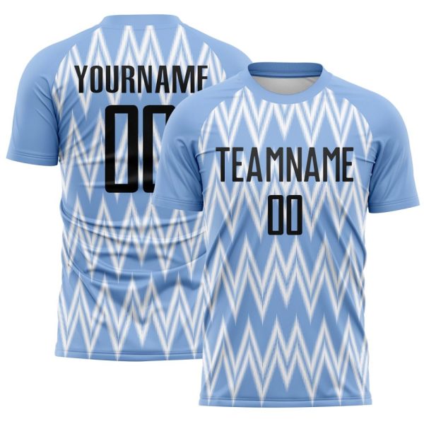 Custom Light Blue Black-White Argentina Zigzag Pattern Sports Sublimation Soccer Uniform Jersey