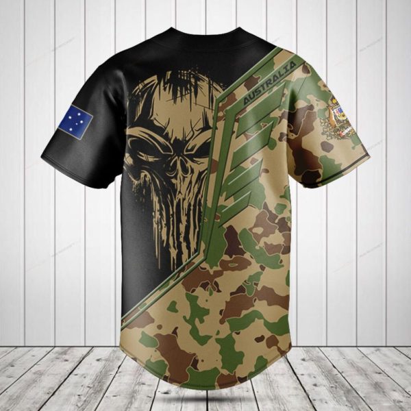 Customizable Camo Skull Baseball Jersey – Military Style With Flag Patch
